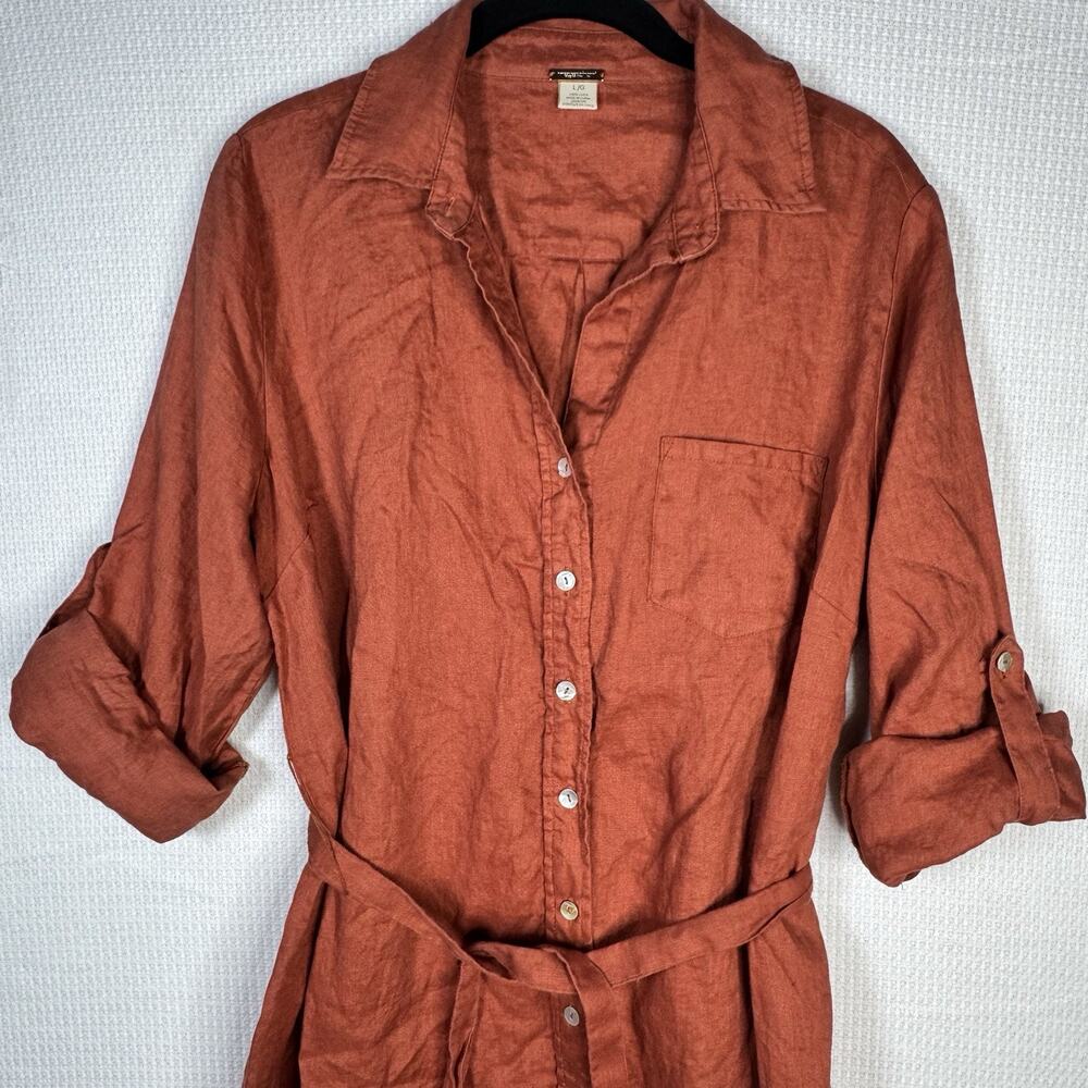 Magaschoni 100% Linen Shirt Dress Coral Roll Tab Sleeve Belted Size Large - Picture 5 of 13